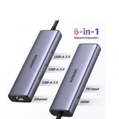 Bộ chuyển đổi USB-C đa năng 6 in 1 Ugreen 15598, HDMI 4K@30Hz + 3x USB 3.0 + Lan 1Gbps + PD100W