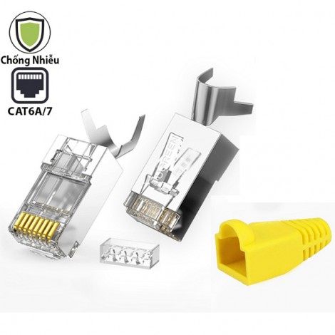 Đầu bấm mạng RJ45 Cat6A Cat7 FTP chống nhiễu Ugreen 70316 (Túi/10 cái), kèm đầu chụp nhựa.